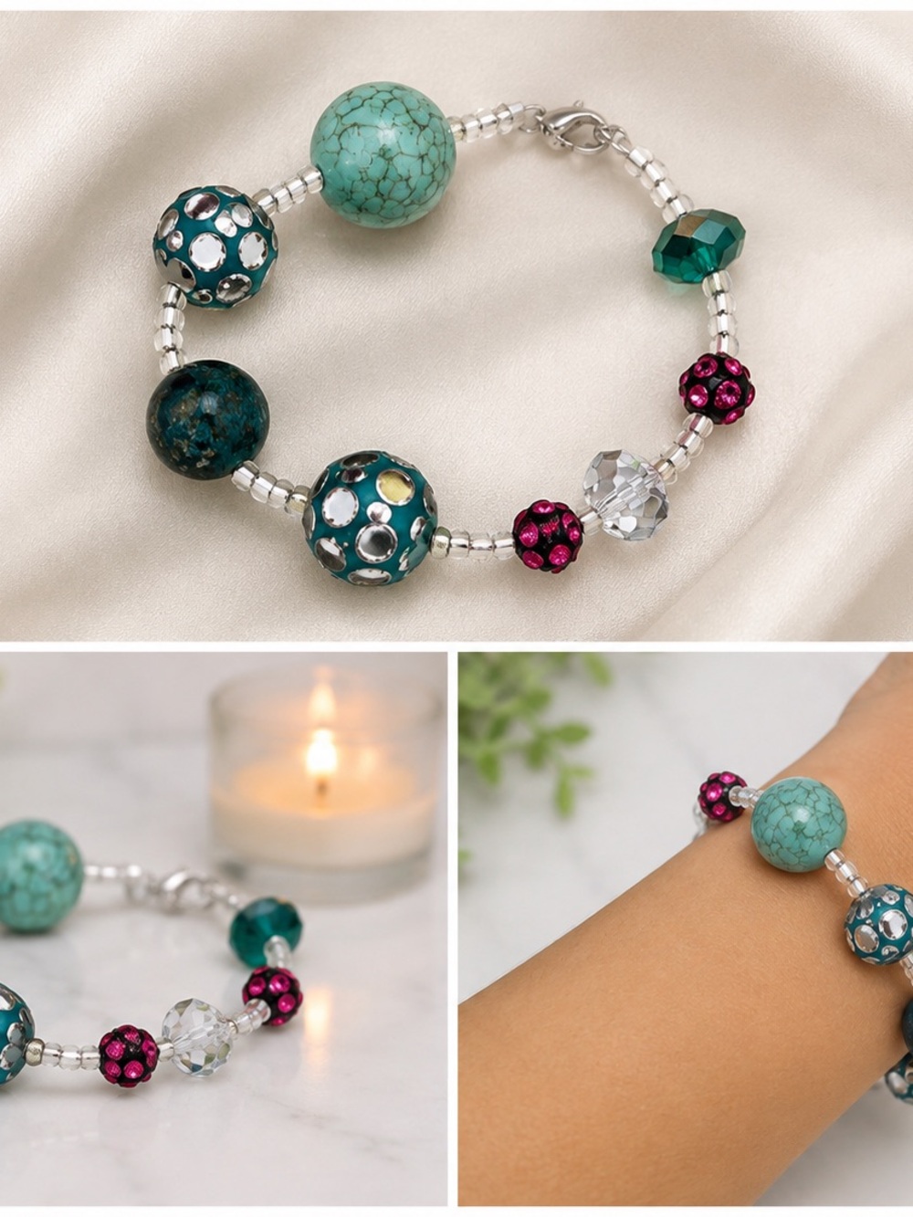 Turquoise & Teal Beaded Statement Bracelet with Pink Accents